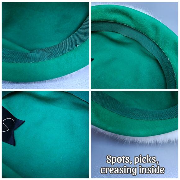 VTG White Rabbit Fur Hat Sonni California Green Velvet Fascinator Elegant 60s - Picture 7 of 10